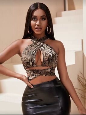 Snake Print Crisscross Halter Crop Top - Brown
